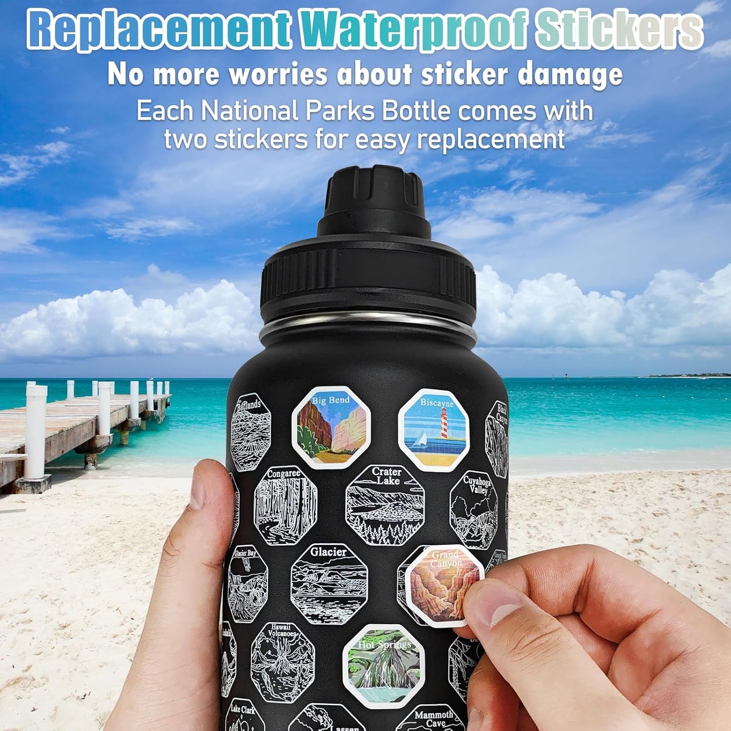 National Parks Water Bottle with Stickers,32 Oz Stainless Steel Insulated Water Bottle with Straw,2 Lids,Leak Proof Metal Water Cup for Hiking,Travel,Sports,Camping,Wide Mouth Bottle