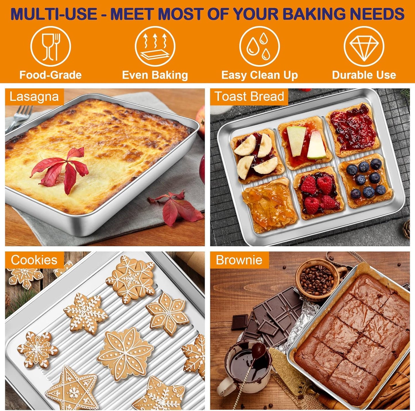 12.4 Inch Deep Rectangular Cake Pan, Stainless Steel Baking Pan Lasagna Pan for Toaster Oven, for Bake Cookie Cake Meat, Corrugated Bottom & Heavy Duty, Non-Toxic & Dishwasher Safe, 2Pcs