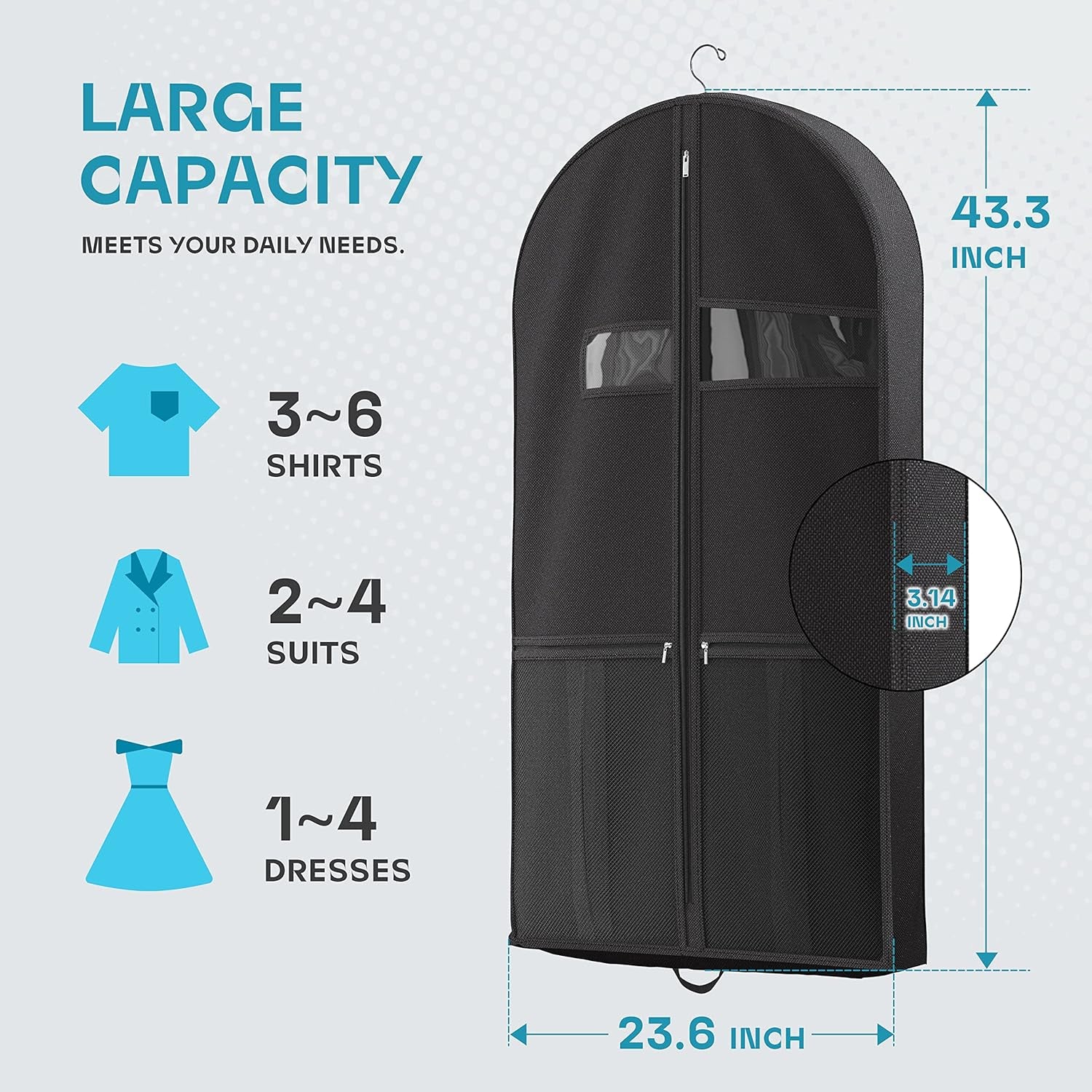 43" Travel Garment Bag with Accessories Zipper Pocket, Heavy Duty Suit Bag for Suits, Tuxedos, Dresses, Coats, Black, 1 Pack
