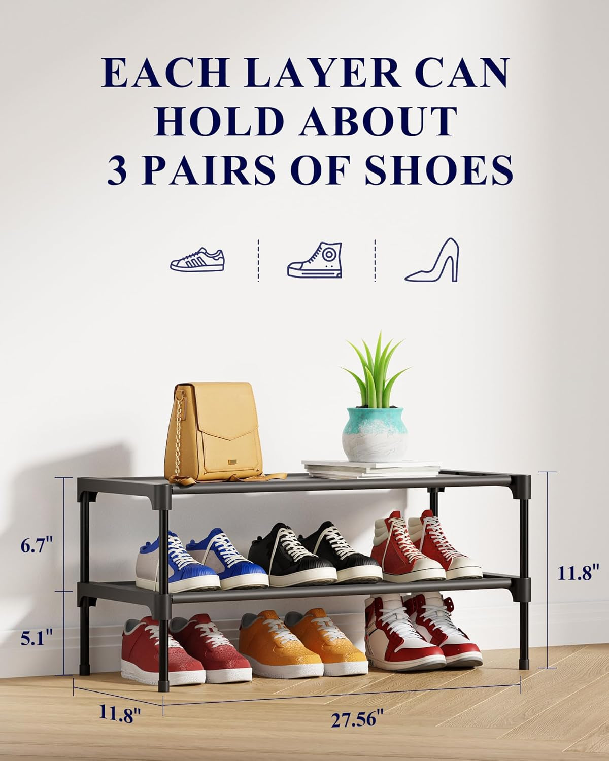 Shoe Rack - Non-Woven Shoe Rack Shelf, Shoe Organizer for Closet, Entryway, Garage & Corridor, Stackable Shoe Shelves, 27.5" Wide - 2 Tier, Black