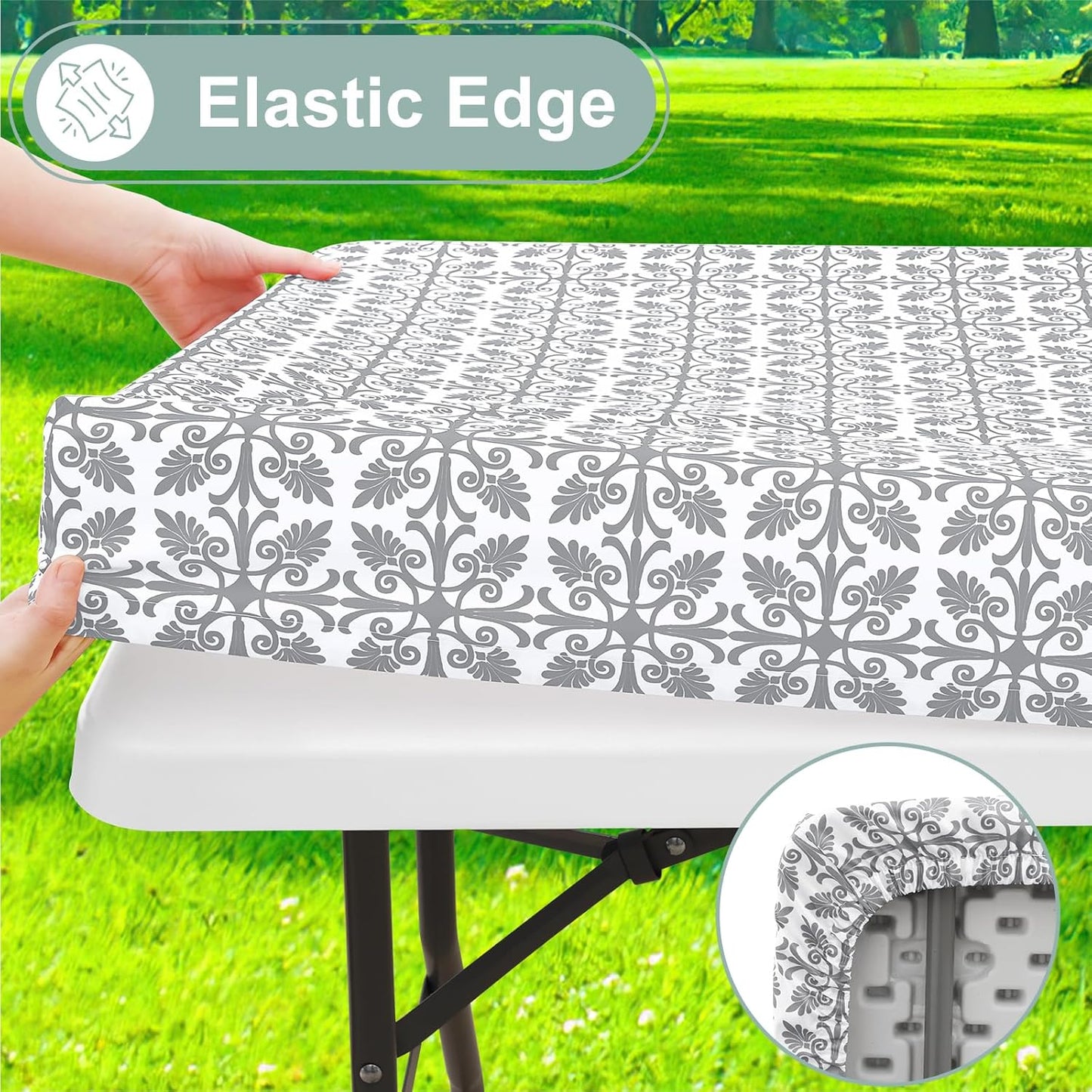 2 Pack 6 Foot Rectangle Picnic Tablecloth, Elastic Fitted Waterproof Table Cover, Windproof Washable Polyester Table Cloth for Camping, Indoor and Outdoor (Grey, 30" X 72")