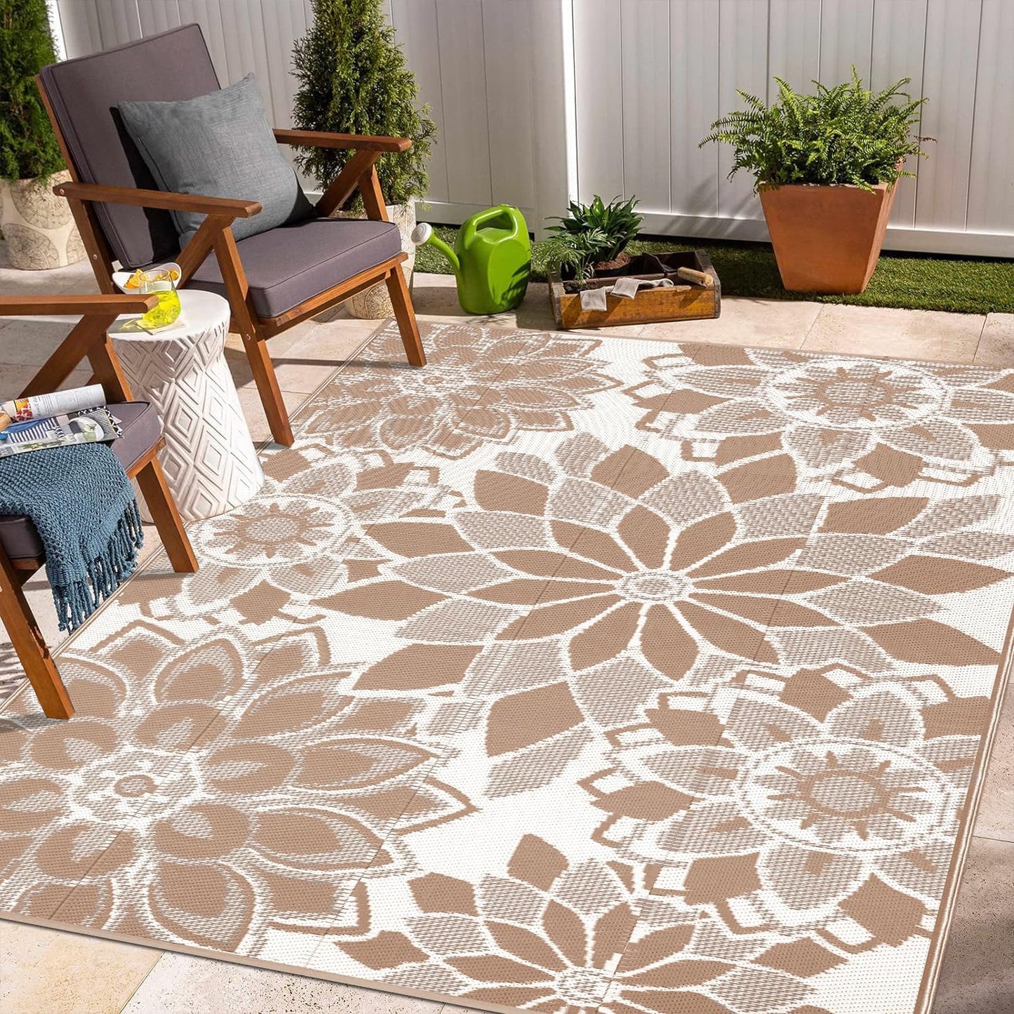Reversible Waterproof Outdoor Rug for Patio, 6' x 9' Plastic Straw Area Mat, Ideal for RVs, Decks, Porches, Picnics, Beaches, and Balconies in Brown and White