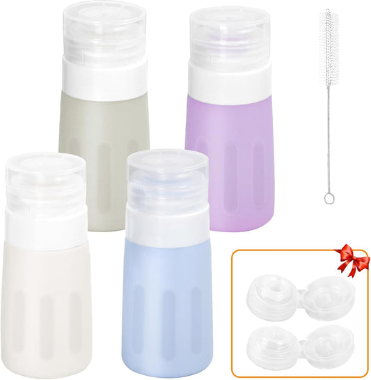 Salad Dressing Container to Go, 4 Pack Condiment Squeeze Bottles for Sauces, Mini Silicone Liquids Containers for Bento Lunch Box, Travel Bottles for Toiletries Refillable with 2 Extra Caps+Brush, 2Oz