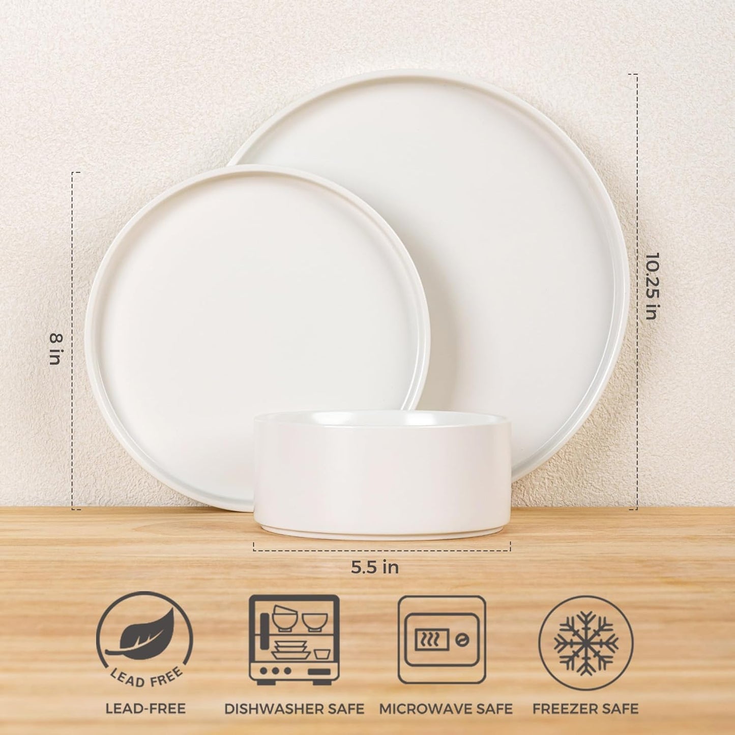 Ceramic Dinnerware Set for Four - 12-Piece Stoneware Plates and Bowls, Chip and Crack Resistant, Dishwasher and Microwave Safe, Scratch Resistant - Matte White Finish