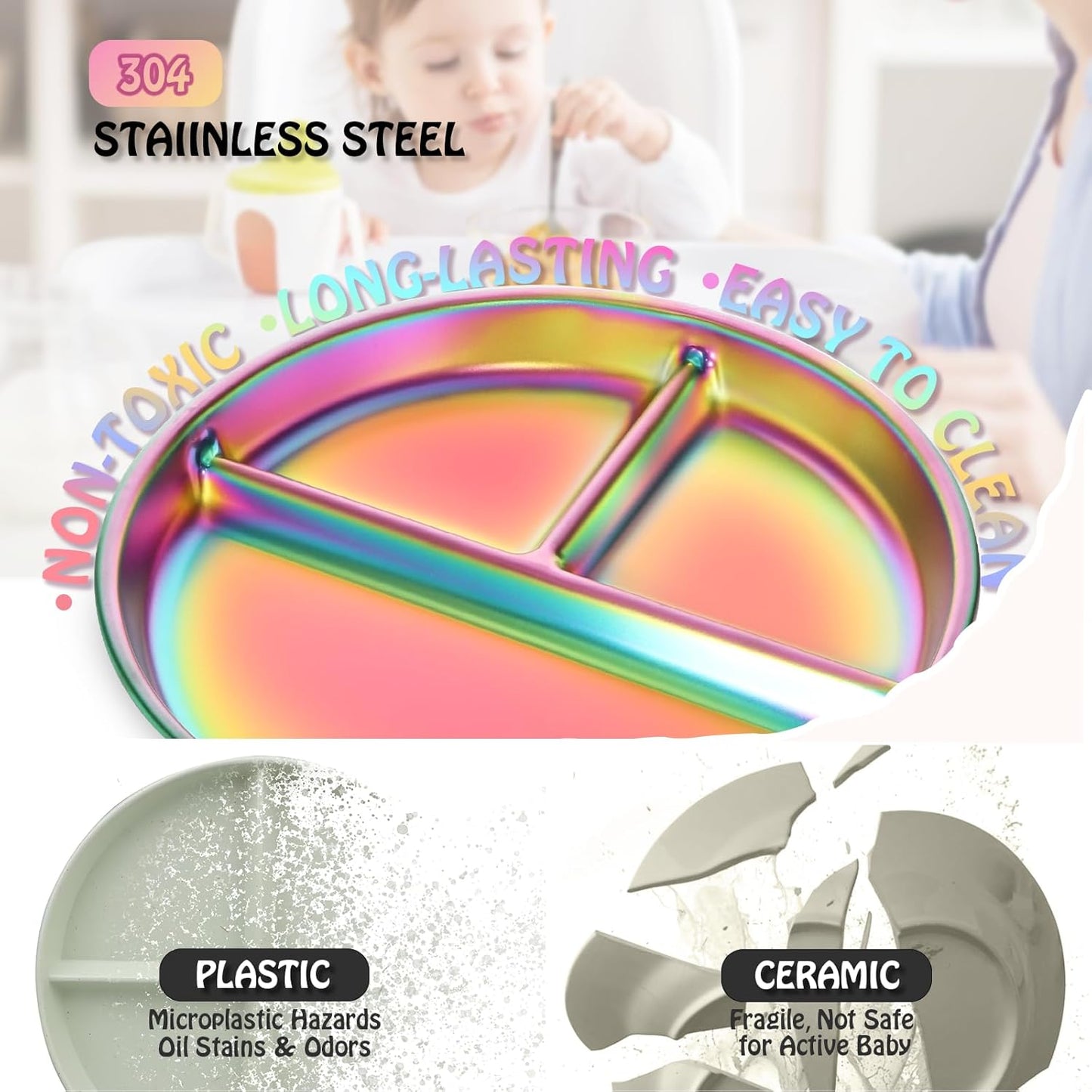 Stainless Steel Kids Plates Set of 2, 9" Portion Divided Plate for Toddler & Baby, Non Toxic Unbreakable Dinner Dishes, Metal Food Tray Camping Picnic Snack Nut Container, Bling Colorful
