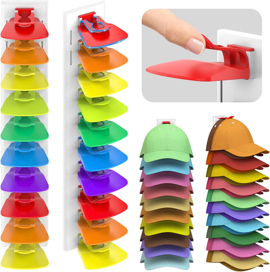 Hat Organizer for Baseball Caps, 2 Pack Hat Rack for Wall Space Saving Hold up to 40 Hats, Hat Hanger W/Strong Adhesive Hat Storage Holder Display for Closet Door and Wall(White& Color)