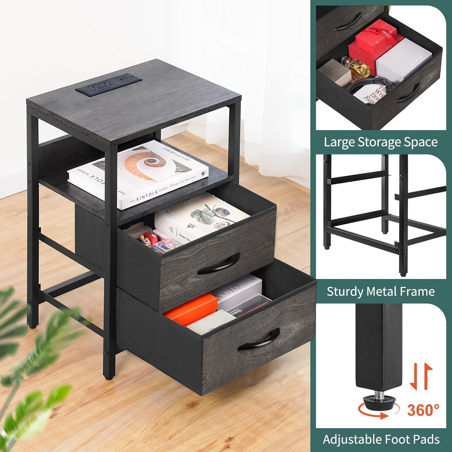 Nightstand with Charging Station, Small Night Stand with Fabric Drawers and Storage Shelf for Bedrooms, Nightstands for Small Spaces, Bedside Table with USB Ports & Outlets, Bed Side Table