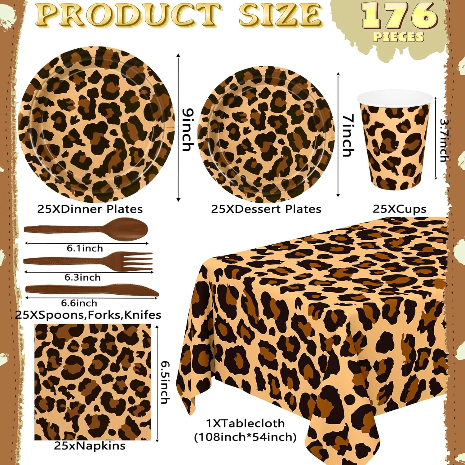 176 Pcs Cheetah Print Plates and Napkins Party Supplies, Leopard Print Birthday Decorations Tableware, Plate, Cup, Napkin, Safari Animal Leopard Theme Birthday Baby Shower Party Supplies