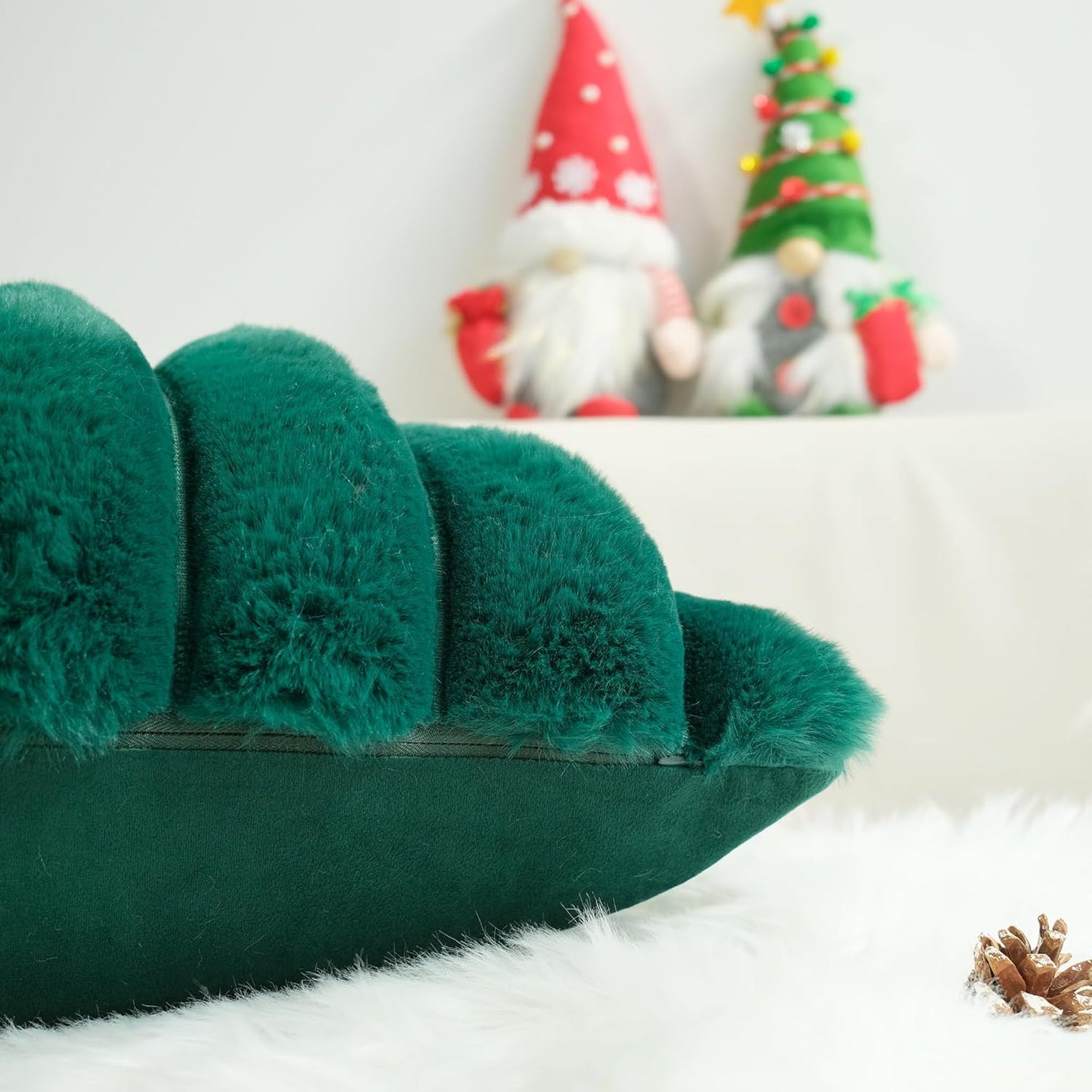 Pack of 2 Faux Fur Plush Decorative Throw Pillow Covers Couch Cushion Case Soft Fluffy Pillowcases Wide Stripe (Dark Green, 18 X 18 Inch)