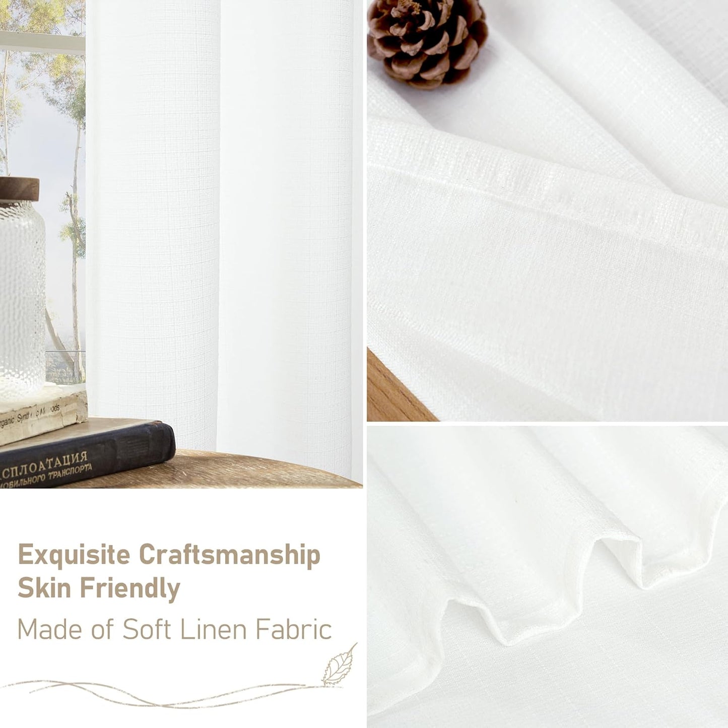 White Linen Curtains 40 Inch Length for Small Window/Kitchen over Sink, Linen Textured Thermal Insulated Curtains Privacy Grommet Drapes for Bedroom/Bathroom, Set of 2 Panels, W42 X L40, White