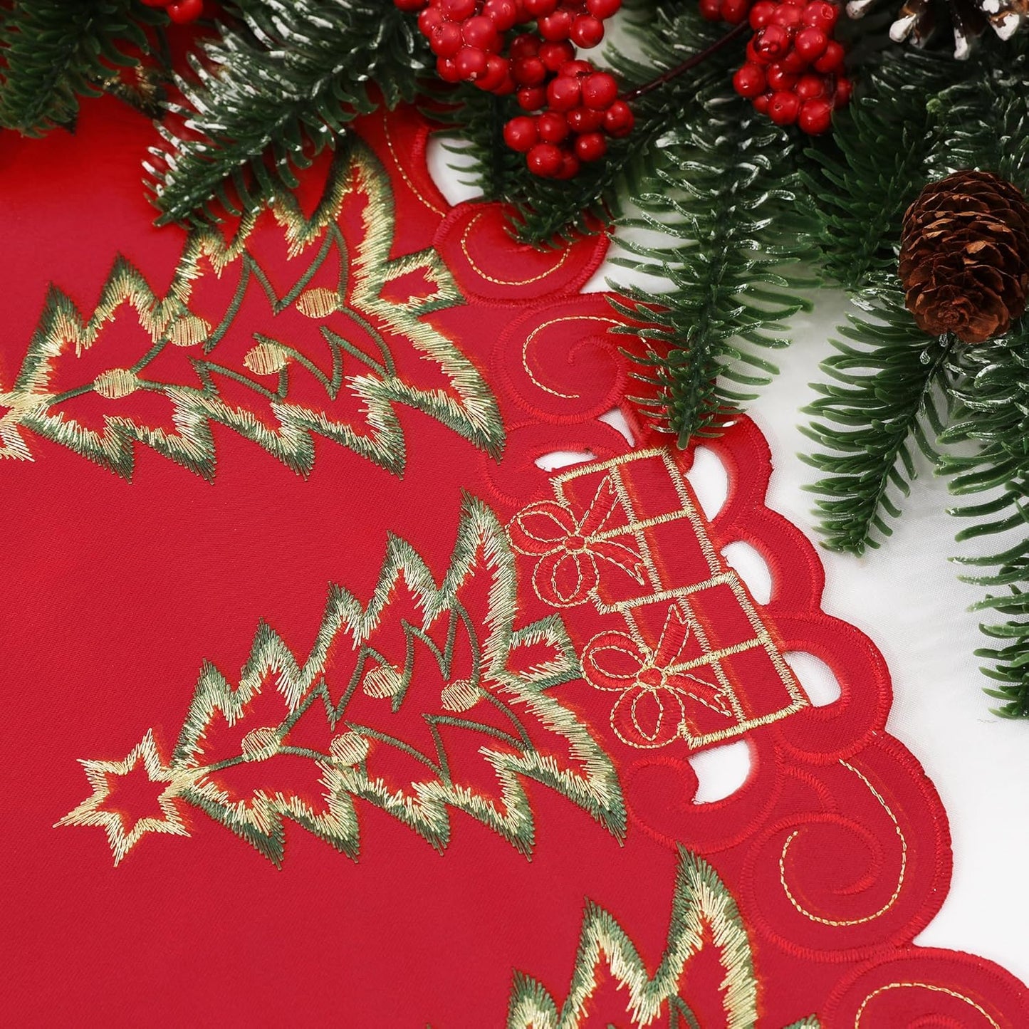 Red Christmas Table Runner 13X36 Inches Long, Embroidered Cutwork Christmas Table Runner with Green Christmas Tree and Gifts, Xmas Tree Dresser Scarf Winter Holiday Parties Kitchen Dinner