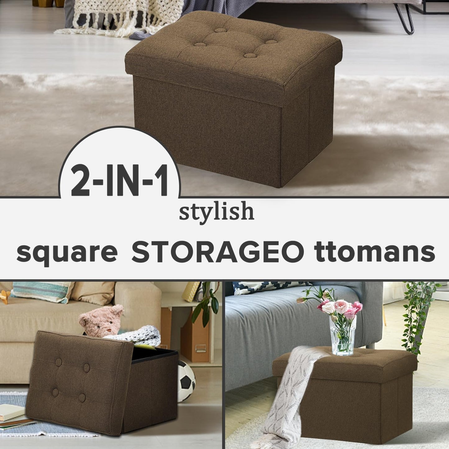 Linen Cloth Ottoman Storage Stool - Compact Folding Footrest in Brown, 16" x 12" x 12