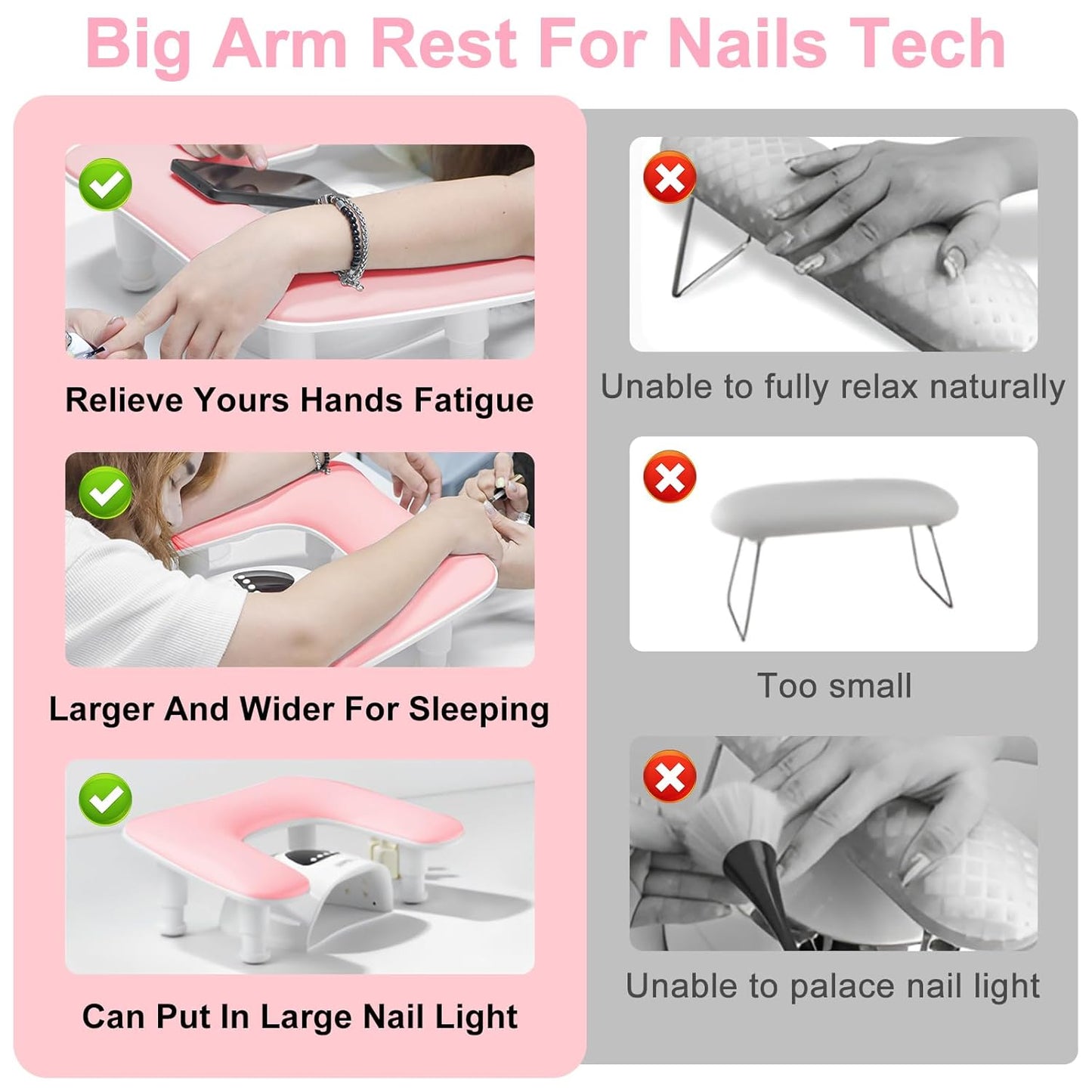 Nail Arm Rest, U-Shaped Adjustable Height Nail Hand Rest for Manicure, Microfiber PU Leather Hand Rest Pillow for Acrylic Nail, Soft Hand Rest/Nail Hand Pillow for Manicure Salon Use-Pink