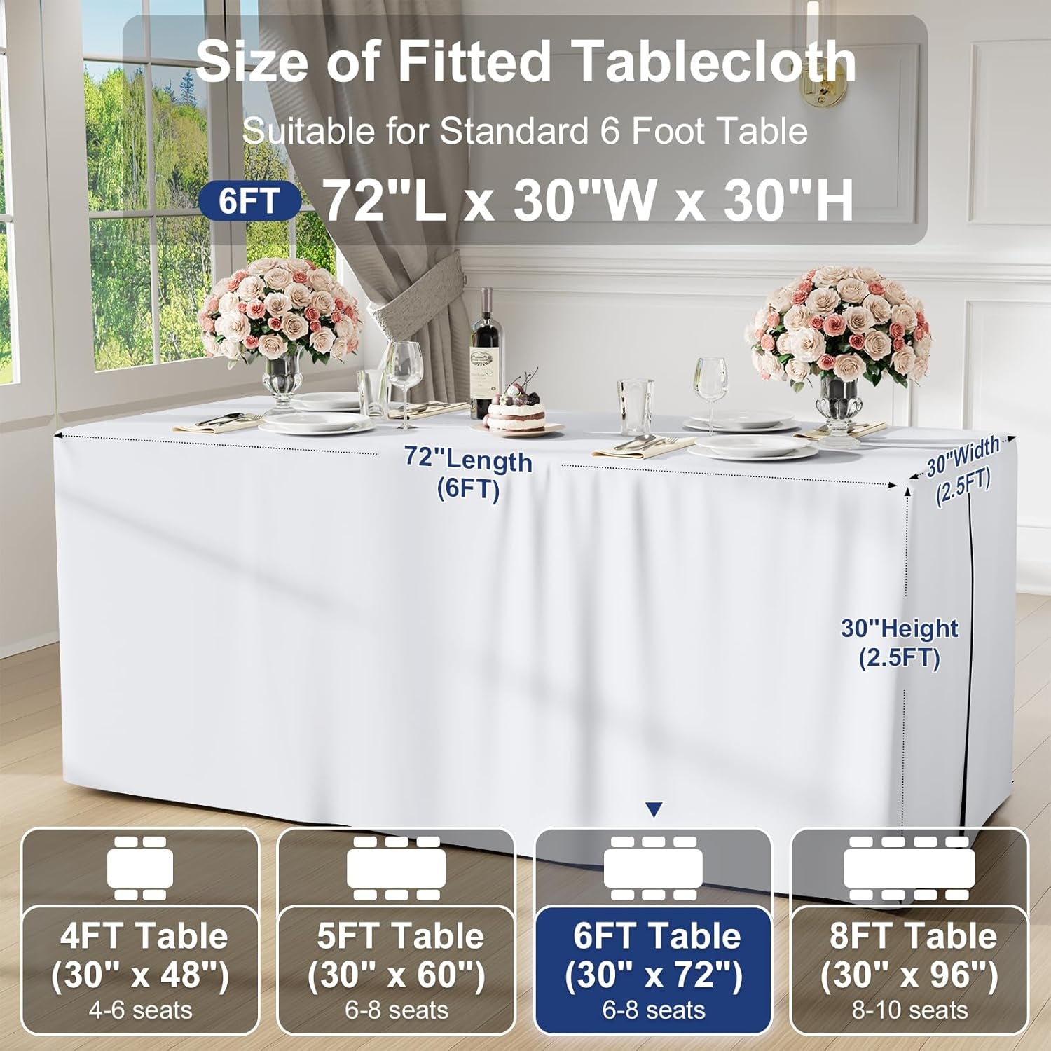 2 Packs Rectangle Fitted Tablecloth, 6 Foot Washable Fabric Table Cloth, Waterproof Polyester Table Cover for Party, Trade Show, Outdoor and Indoor (White, 30" X 72")