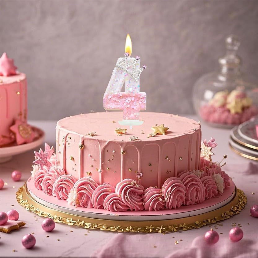 Pink Birthday Number 4 Candle for Cake, Pink Crown Cake Topper Princess Birthday Party Decorations Cupcake Topper Party Favors Decor Supplies