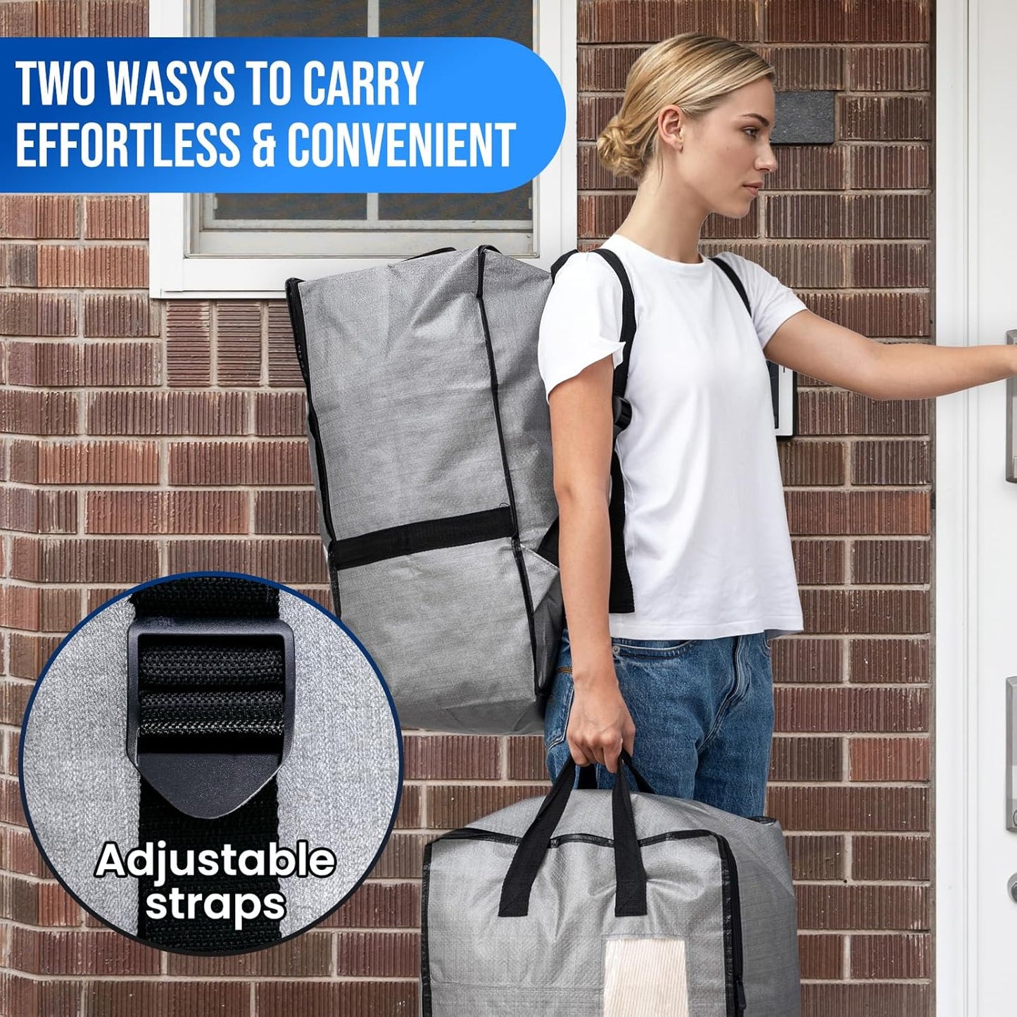 2 Pack Gray Moving Bags W/Adjustable Backpack Straps, Moving Supplies, Moving Boxes Alternative, Heavy Duty Storage Totes for College Packing, Camping Backpack for Travel, Dorm, Laundry