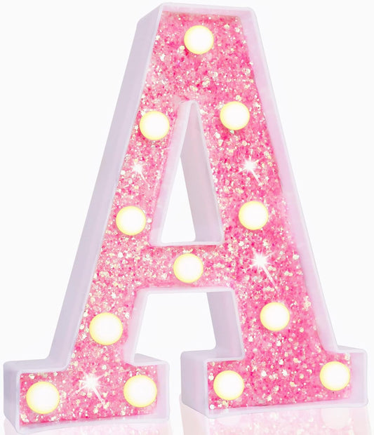 LED Marquee Letter Lights, Light up Pink Letters Glitter Alphabet Letter Sign Battery Powered for Night Light Birthday Party Wedding Girls Gifts Home Bar Christmas Decoration, Pink Letter A