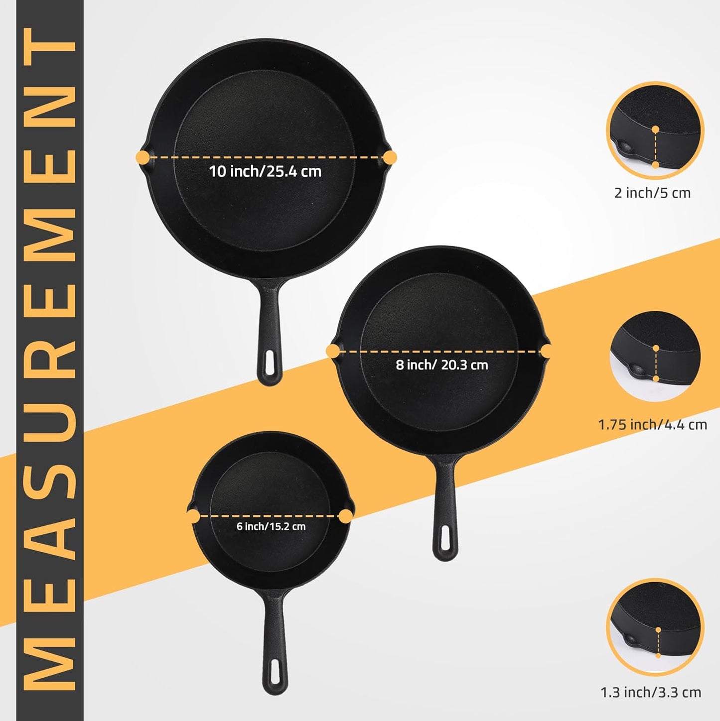Cast Iron Skillets 3 Piece Set, Chefs Pan, Pre Seasoned Cast Iron Skillets, 6, 8 & 10 Inches, Easy Use in the Oven, Stove, Grill, or Campfire, Black