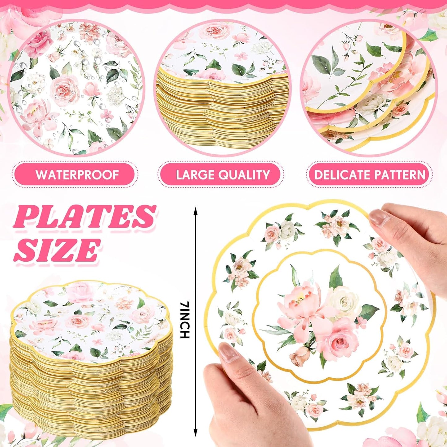 120-Piece Summer Pink Floral Paper Plates, 7-Inch Disposable Tableware for Birthday, Wedding, Baby Shower, Tea Party, and Bridal Shower Decorations