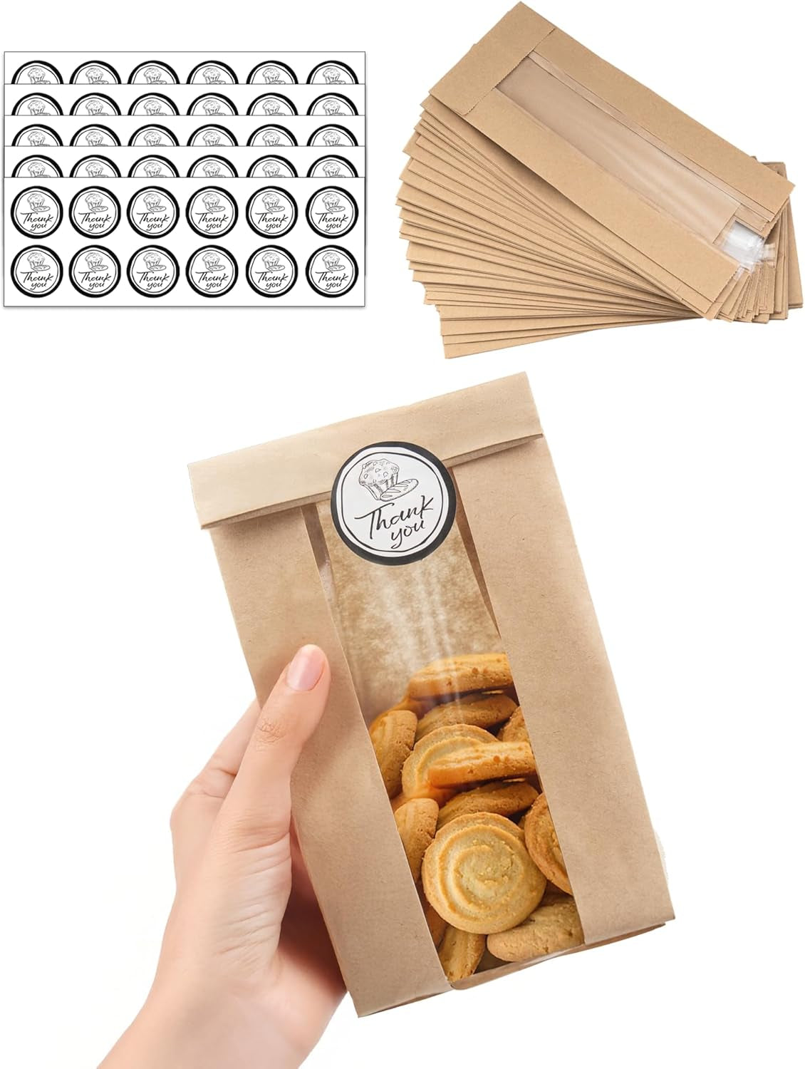 50 PCS Cookie Bags with Seal, 3.5"X 2.3"X7.5" Kraft Brown Paper Bags with Stickers, Bakery Bag for Snack, Cupcake, Coffee Bean, Party Favor, Cookie Packaging,