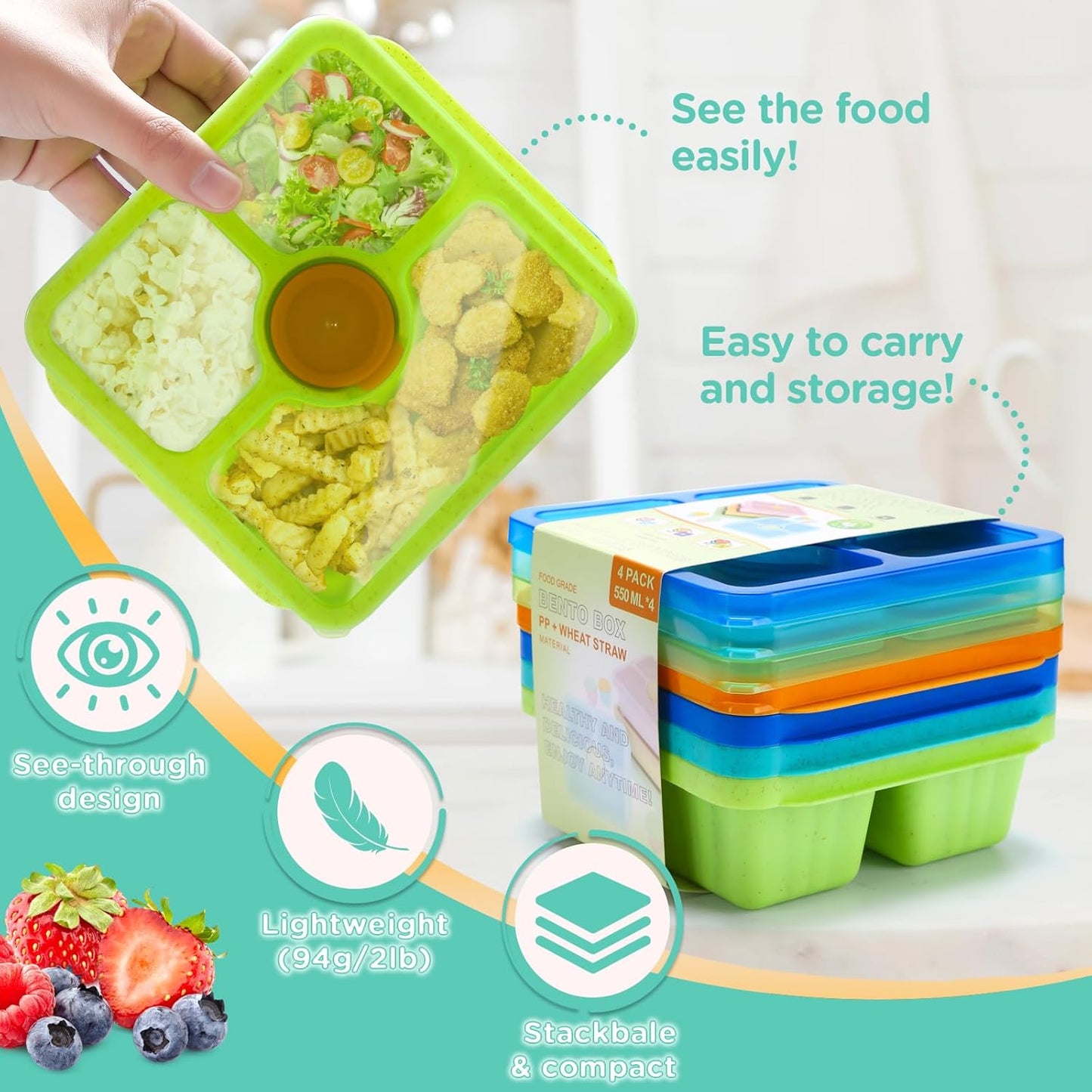Bento Snack Boxes for Adults & Kids, Lunchable Meal Prep Containers - 4 Pack Divided Food Storage with Lids, Stackable Lunch Boxes with Sauce Cups, Jewel