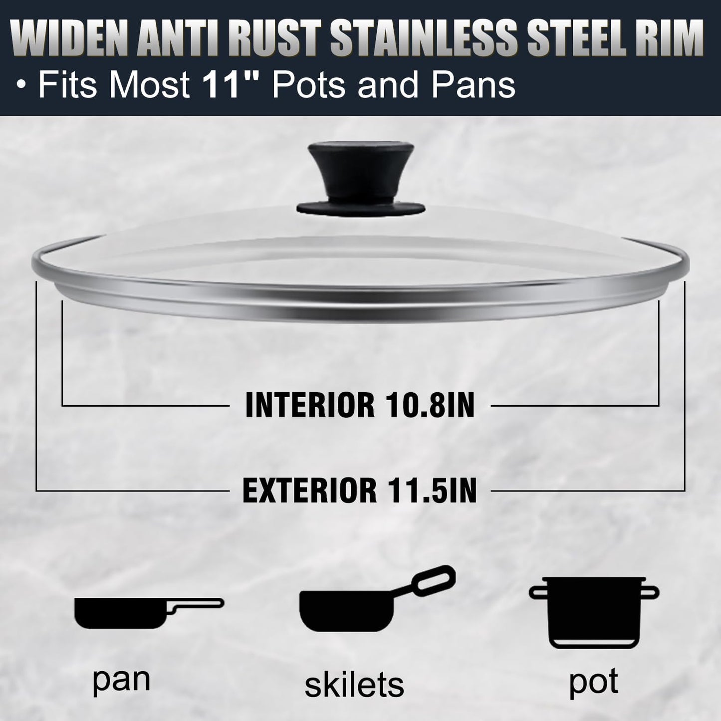 Tempered Glass Lid for 11 Inch Cookware - Cooking Pot Lid with Heat Resistant Silicone Handle, Clear Frying Pan Lid Fits Pots, Pans and Skillets, Dishwasher-Safe