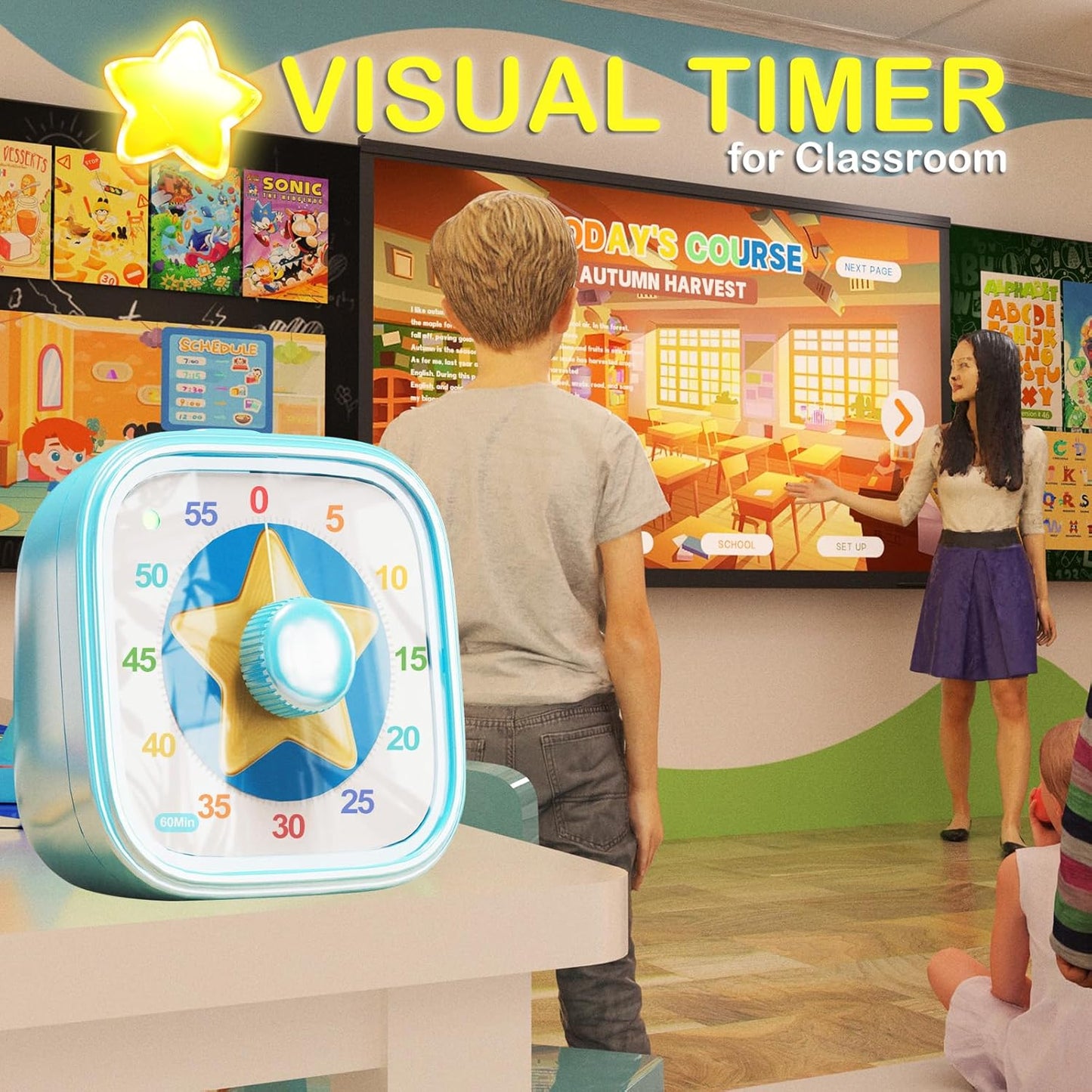 Visual Timer for Kids, 60 Minute Countdown Kitchen Timer for Cooking, Time Management Tool for Classroom, Teacher, Home School, Toddlers, Office, Study, Game - Battery Included