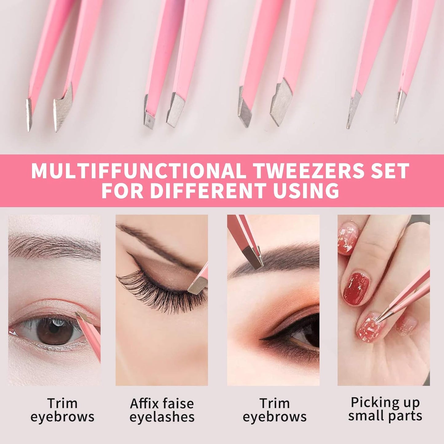 Tweezers Set 4-Piece, Professional Stainless Steel Tweezers, Precision Tweezers for Eyebrows, Facial Hair, Ingrown Hair, Splinter, Blackhead Remover (PINK)…