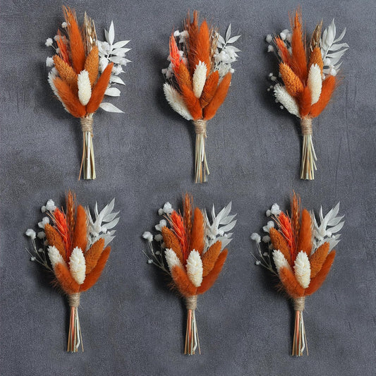 Mini Dried Flower Bouquet (Pack of 6), Fall Dried Flower Bouquet, Boutonnieres for Groom and Groomsmen. (Orange)