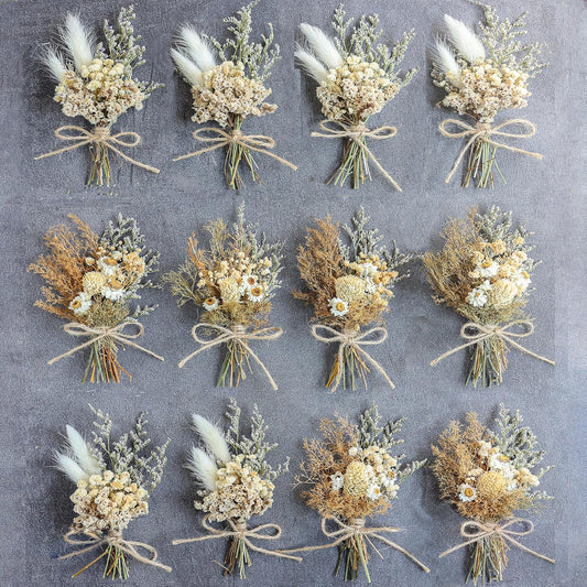 Miniature Dried Flower Bouquet Set (12 Pcs), Small Bouquets, Gift Bags of Dried Flowers, Bridesmaids Flower Girl Proposal Gift Boxes, Groomsmen Boutonnieres, Shooting Props (Brown)