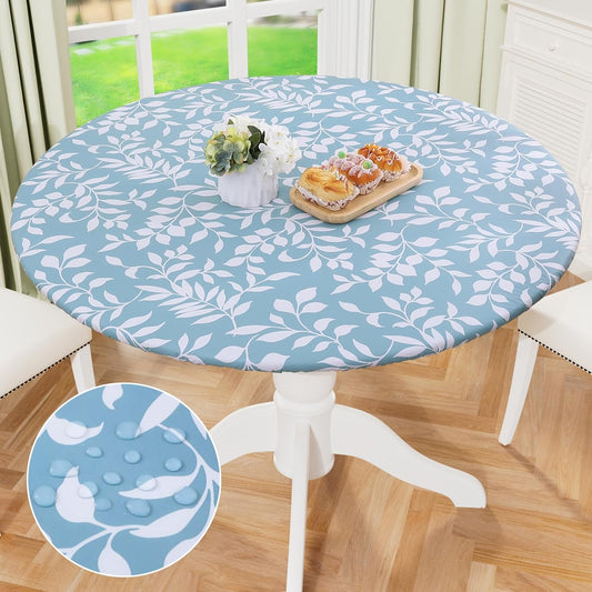 round Fitted Tablecloth with Elastic Edge, 100% Waterproof Oil Proof Plastic Table Cover, Vinyl Flannel Backed Tablecloth Fits 36"-44" round Tables for Dinner, Outdoor, Picnic, Blue Leaves