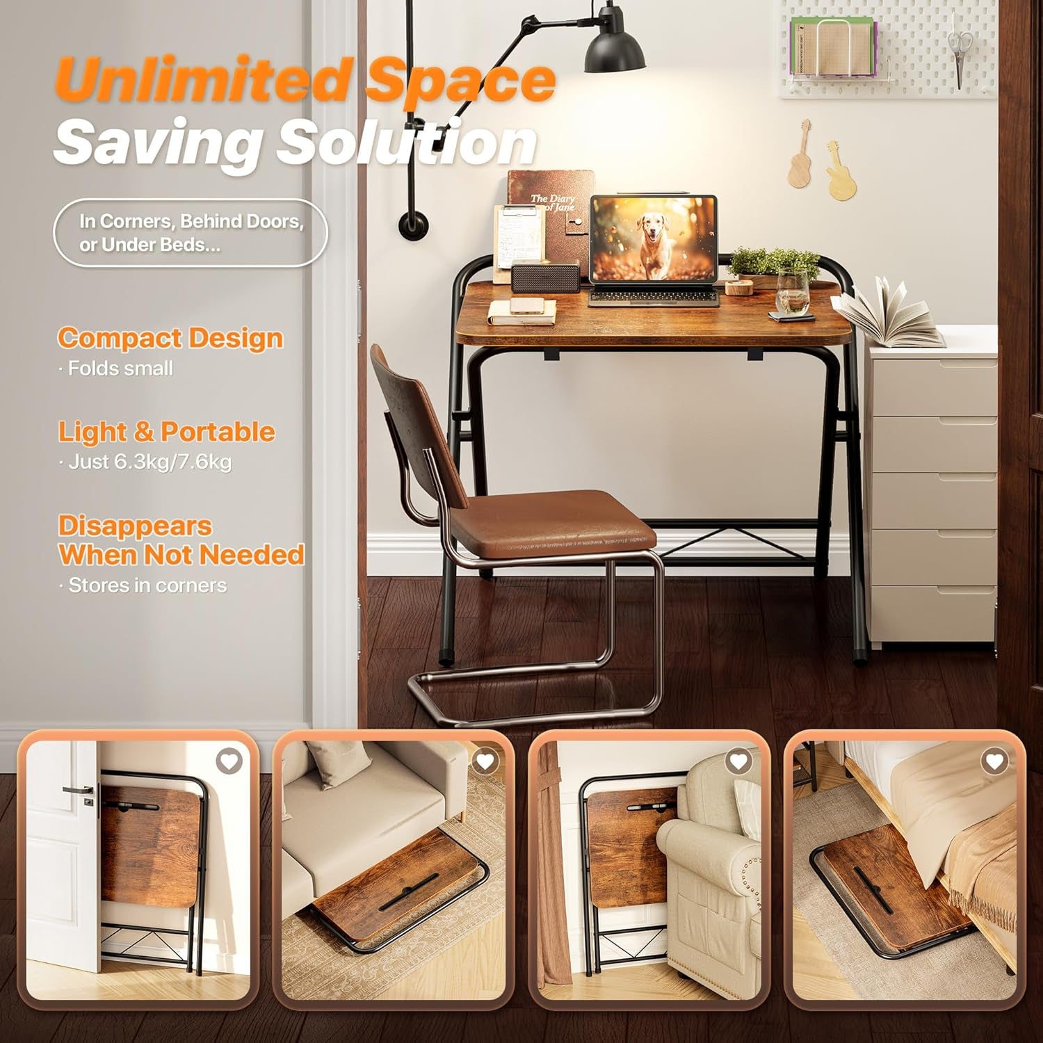 Folding Desk with Adjustable Height and Tablet Slot, 24-Inch Space-Saving Computer Desk for Home Office, Bedroom, and Study in Rustic Brown