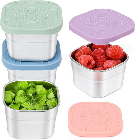 4-Pack Stainless Steel Snack Containers with Silicone Lids - 4.7Oz Reusable Small Food Containers for Snacks Condiments, Salad Dressing Container, Leak-Proof, Bpa-Free