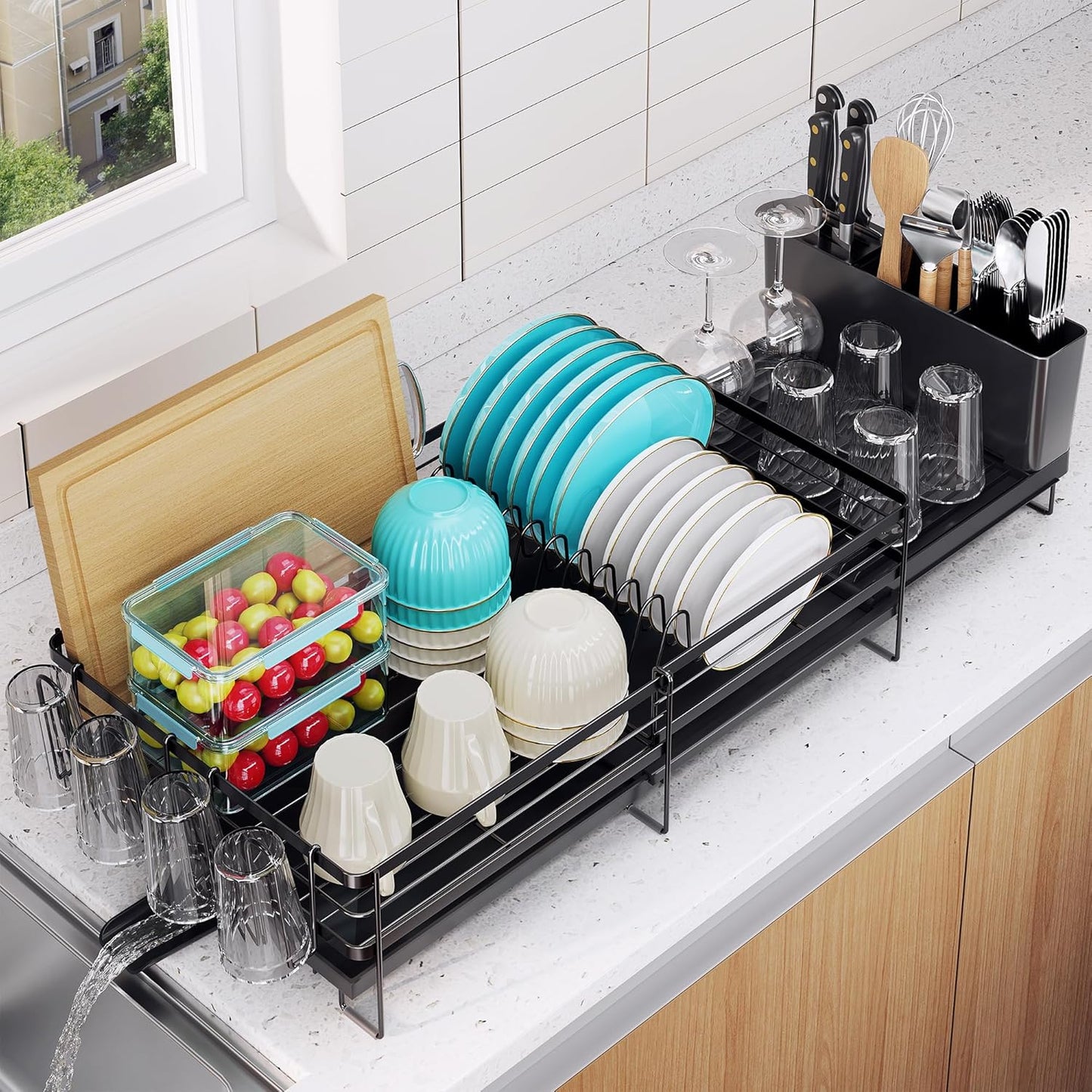 Large Dish Drying Rack - Extendable Dish Rack for Kitchen Counter, Multifunctional Dish Drainer with Drainboard Set, Dishrack with Utensil Holder & Cup Holder, 13.4"-28.7" L X 11.8" W, Black