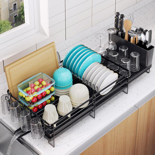 Large Dish Drying Rack - Extendable Dish Rack for Kitchen Counter, Multifunctional Dish Drainer with Drainboard Set, Dishrack with Utensil Holder & Cup Holder, 13.4"-28.7" L X 11.8" W, Black