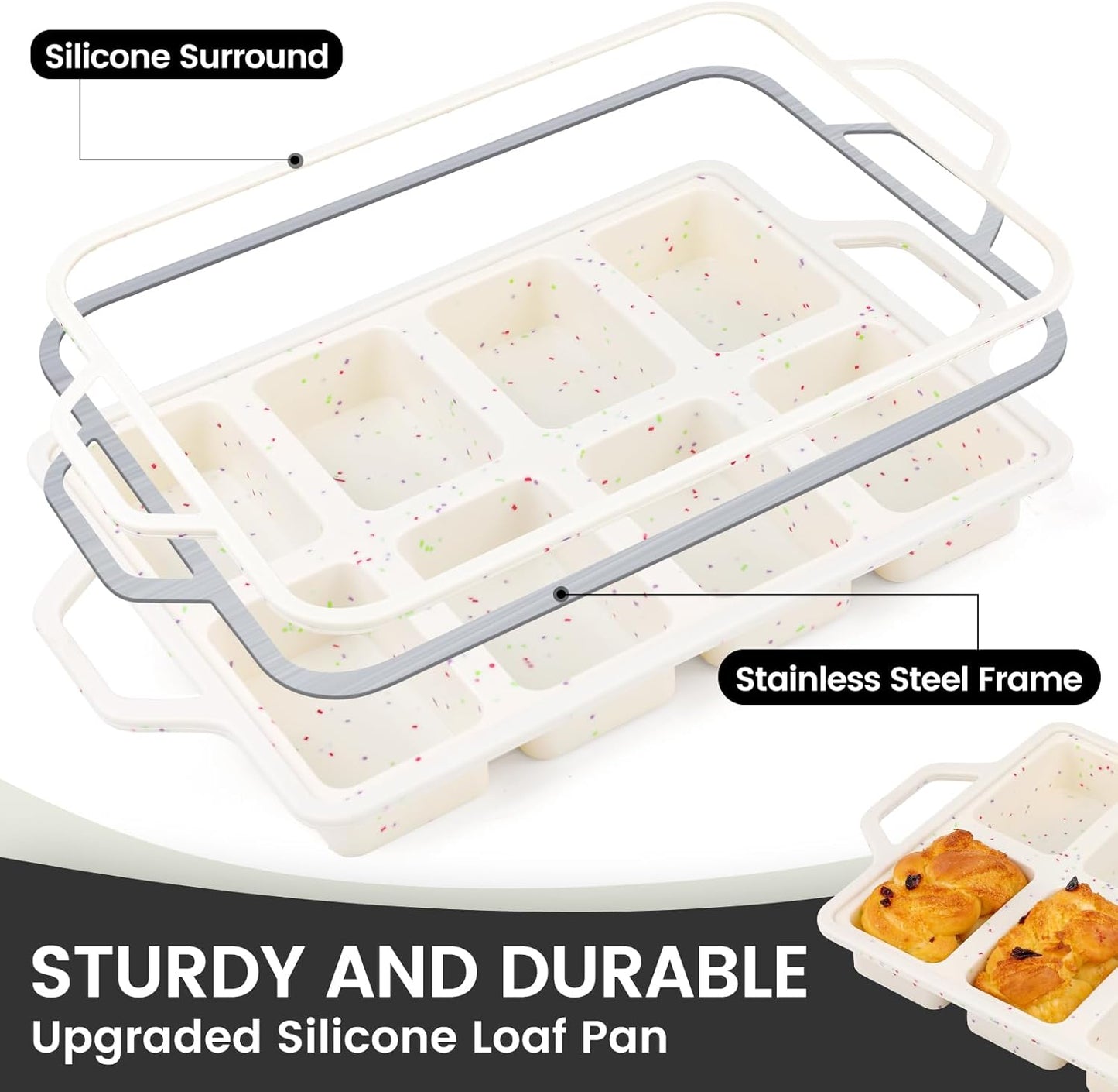 Silicone Mini Loaf Pans with Metal Reinforced Frame-1 Pack, Non-Stick Silicone Bread Pan for Baking 8-Cavity, Tiny Banana Bread Pan Set, Dishwasher Safe Brownie Pan-Cream