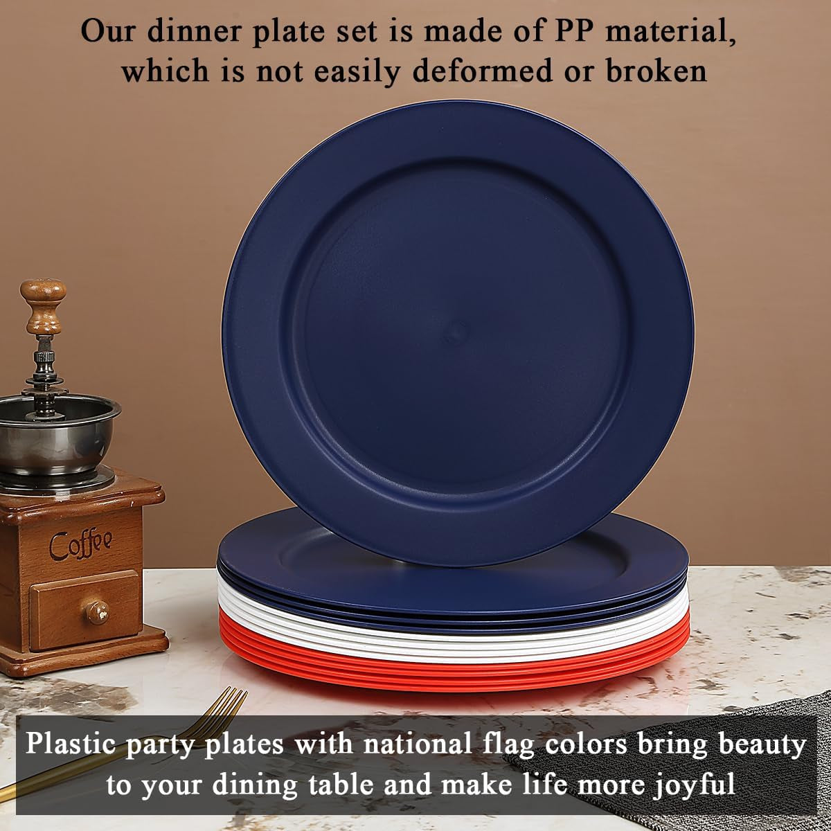 12-Piece Reusable 10-Inch Plastic Dinnerware Set in FR Color - Unbreakable Flat Plates, Salad Plates, and Pasta Bowls for Home, Garden, Picnic, Camping, and Outdoor Use