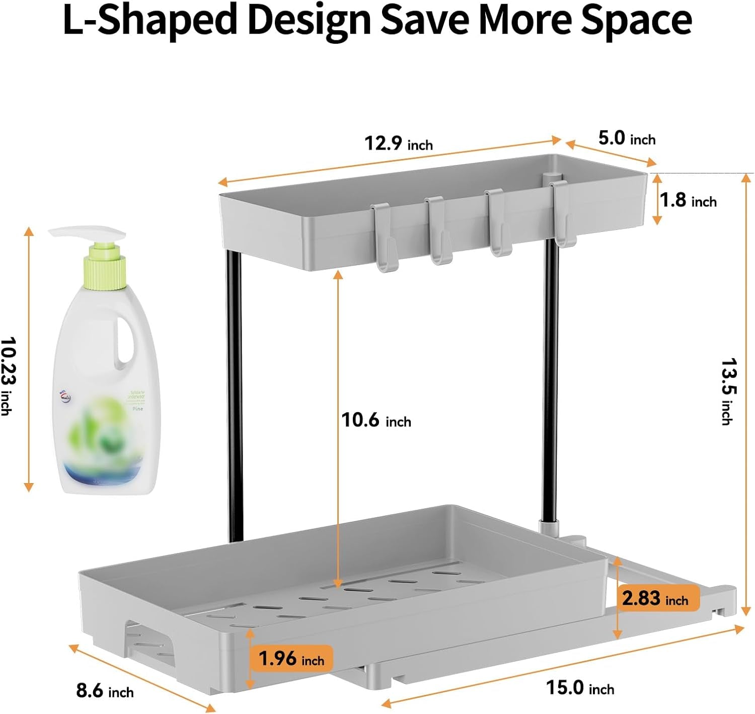 2 Pack under Sink Organizers and Storage, L-Shape Grey under Bathroom Kitchen Sink Organizer with Drawer for under Sink Storage Organizer