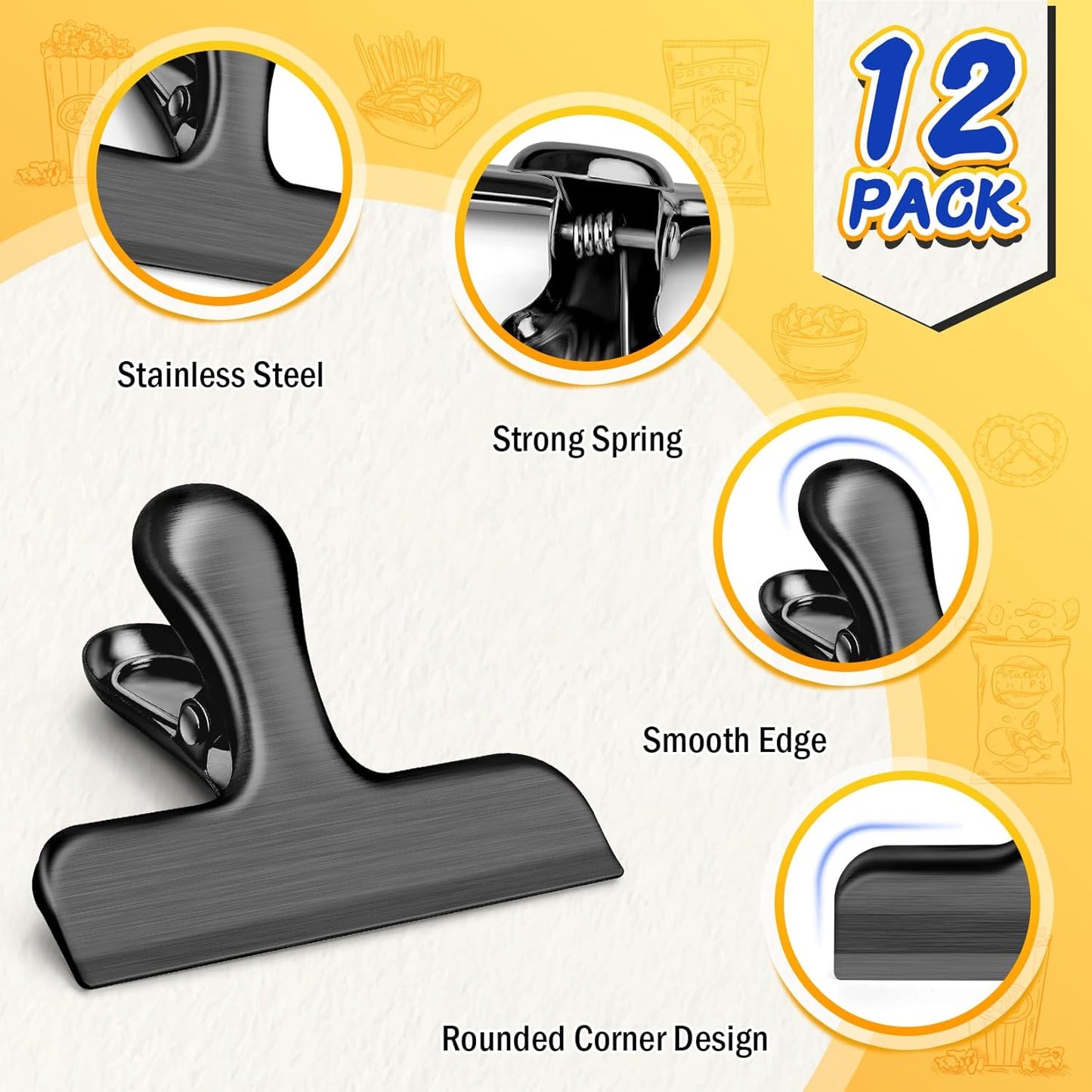 12-Pack Heavy-Duty Stainless Steel Bag Clips for Food Storage, 3-Inch Air-Tight Seal Clips for Kitchen and Office Use, Black