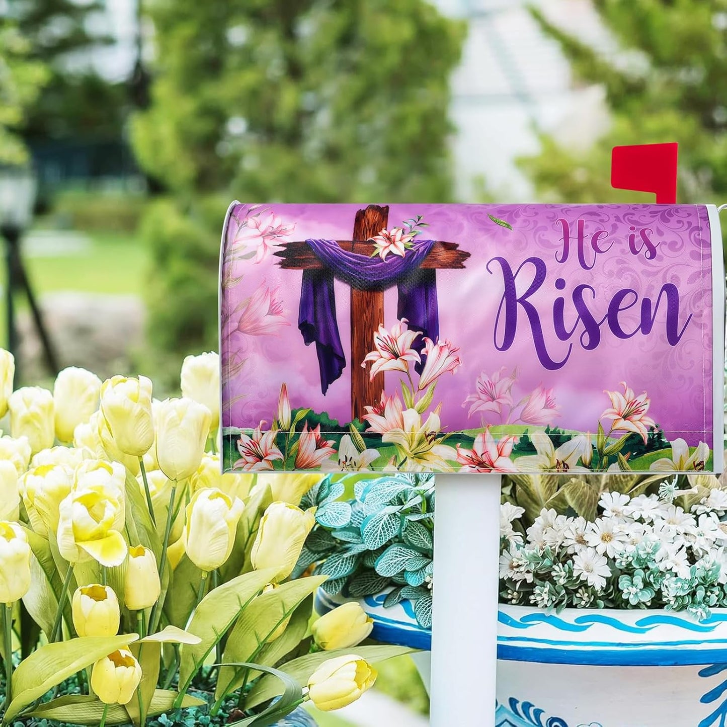 He Is Risen Easter Mailbox Covers Magnetic Standard Size 21X18 Inch, Spring Lily Floral Easter Decorative Mailbox Wraps Post Letter Box Cover for Farmhouse Home Yard Garden Decorations