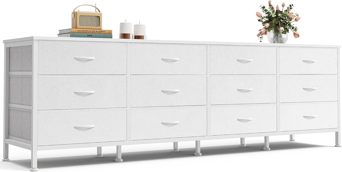 70-Inch Bedroom Dresser and TV Stand for 65-80 Inch TVs, Featuring 12 Fabric Drawers and Ample Storage, Ideal for Living Room, White Finish