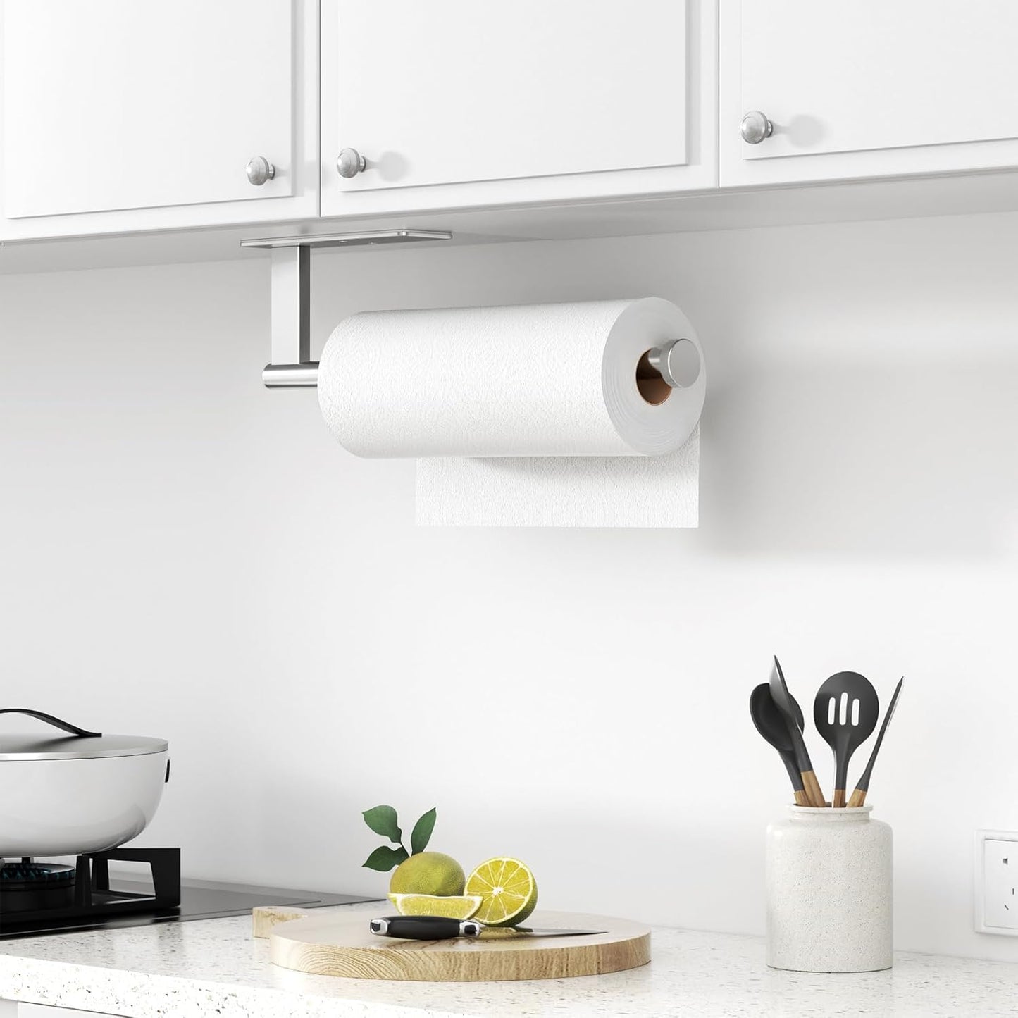 Paper Towel Holder under Cabinet - Stainless Steel Paper Towel Holder Wall Mount, Self-Adhesive or Drilling, Silver Towel Rack for Kitchen Organization and Storage, Kitchen Paper Roll Holder