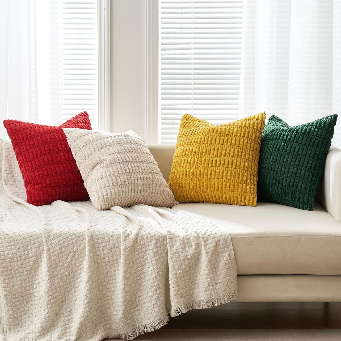 Pack of 4 Boho Farmhouse Dark Green and Yellow Corduroy Decorative Throw Pillow Covers 18X18 Inch Retro Soft Striped Pillow Covers Home Decor for Sofa Living Room Couch Bed
