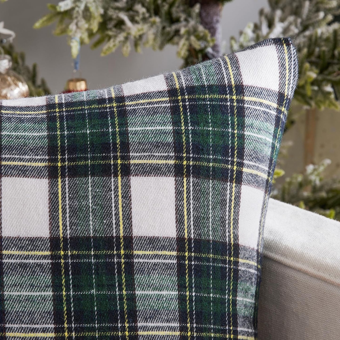 Christmas Set of 2 Scottish Tartan Plaid Throw Pillow Covers Farmhouse Classic Decorative Outdoor Square Cushion Cases for Decor Sofa Couch 18X18 Inch, Green and White