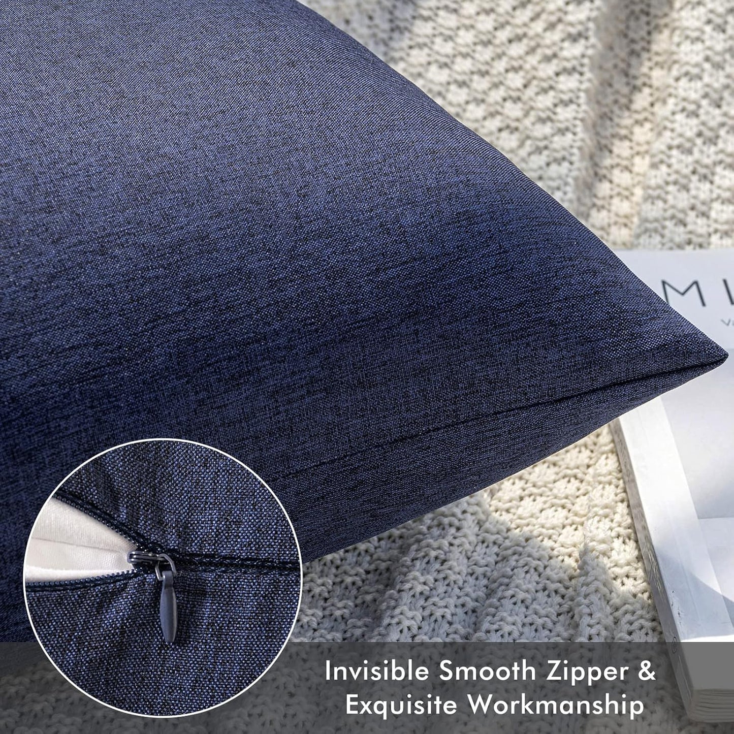 Pack of 2 Decorative Outdoor Solid Waterproof Throw Pillow Covers Faux Linen Garden Farmhouse Cushion Cases for Summer Patio Tent Balcony Couch Sofa 18X18 Inch Navy
