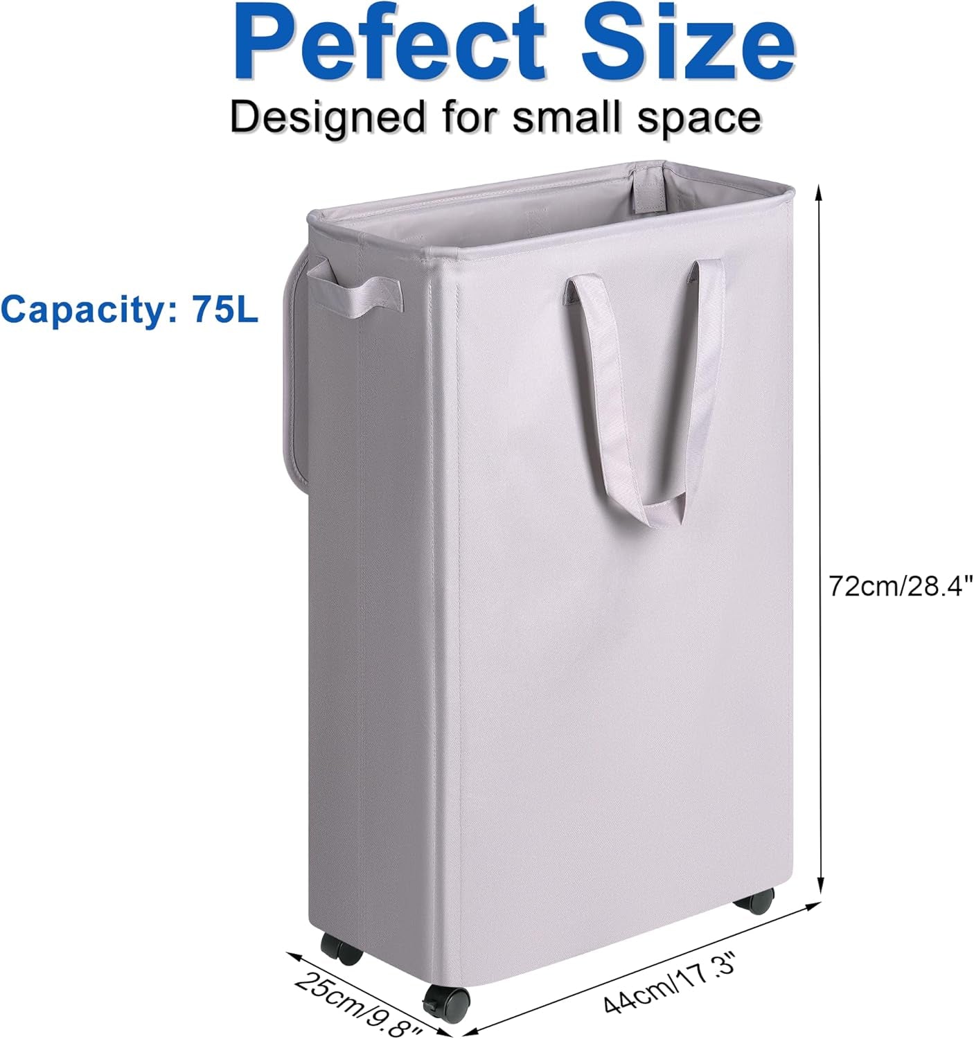 Slim Laundry Hamper with Lid and Wheels, Small Rolling Laundry Basket with Handle for Small Spaces, Tall Dirty Clothes Hampers for Dorm, Bathroom and Bedroom, 75L, Grey