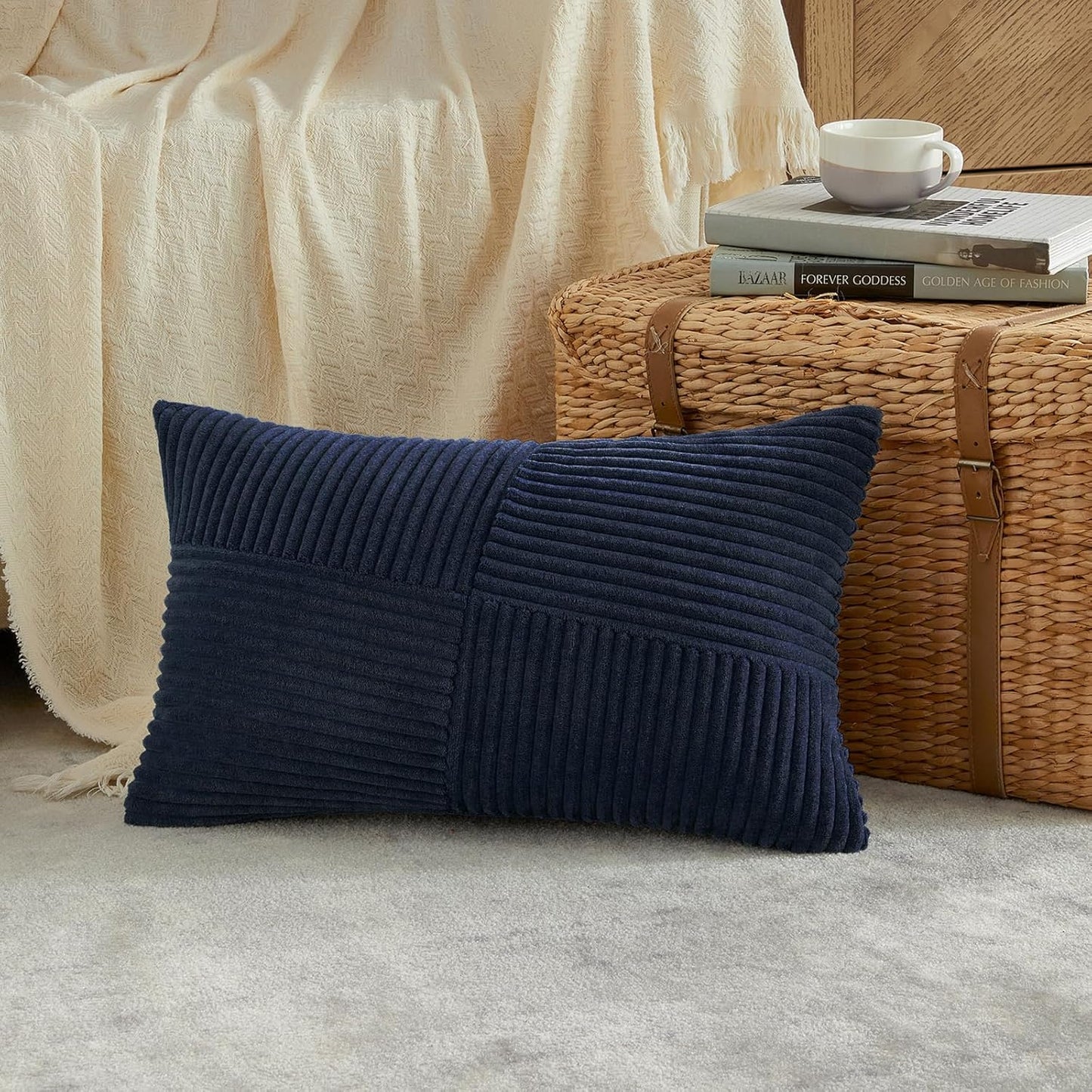 Set of 2 Navy Blue Boho Lumbar Rectangle Decorative Throw Pillow Covers 12X20 Inch with Diagonally Pattern for Couch Bed Sofa, Soft Corduroy Accent Modern Farmhouse Home Decor 30X50 Cm