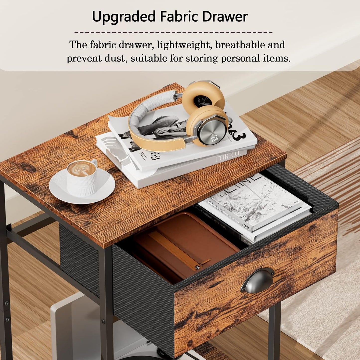 End Table with Storage Shelf and Fabric Drawer, 2 Tiers Industrial Nightstand, Bedside Table Organizer for Living Room Bedroom, Rustic Brown, Easy Assembly