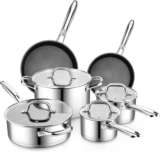 10 Pcs Pots and Pans Sets, Stainless Steel Cookware Set of 6 for Kitchen, Induction Cooking Pot & Saucepans with Glass Lids, Nonstick Frying Pans & Saute Pan