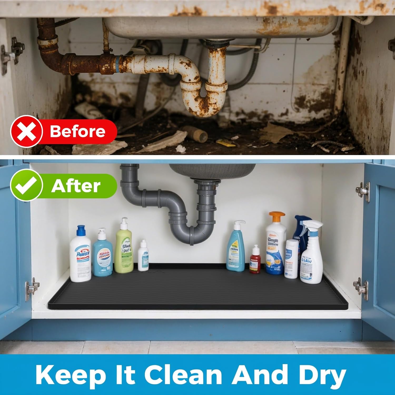 19'' X 19'' Waterproof Silicone under Sink Mat Cabinet and Counter Protector, Shelf Liner for Kitchen and Bathroom, Storage and Organizers, Litter Mat, Pet Cat Puppy Essentials(Black)
